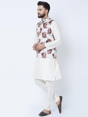 white silk blend solid kurta pyjama set with floral print nehru jacket - 16657937 - Standard Image - 2