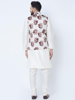 white silk blend solid kurta pyjama set with floral print nehru jacket - 16657937 - Standard Image - 3