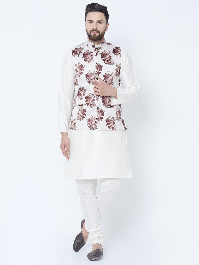 white silk blend solid kurta pyjama set with floral print nehru jacket - 16657937 - Zoom Image - 1