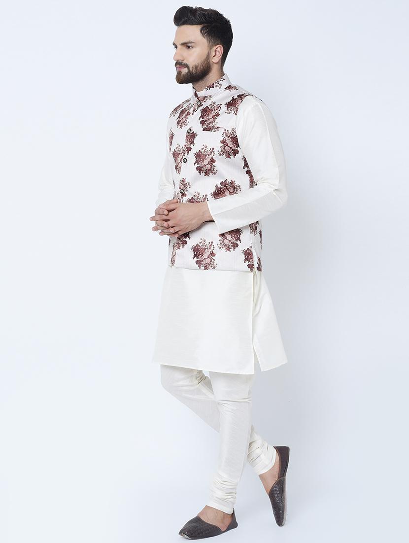 white silk blend solid kurta pyjama set with floral print nehru jacket - 16657937 - Zoom Image - 2