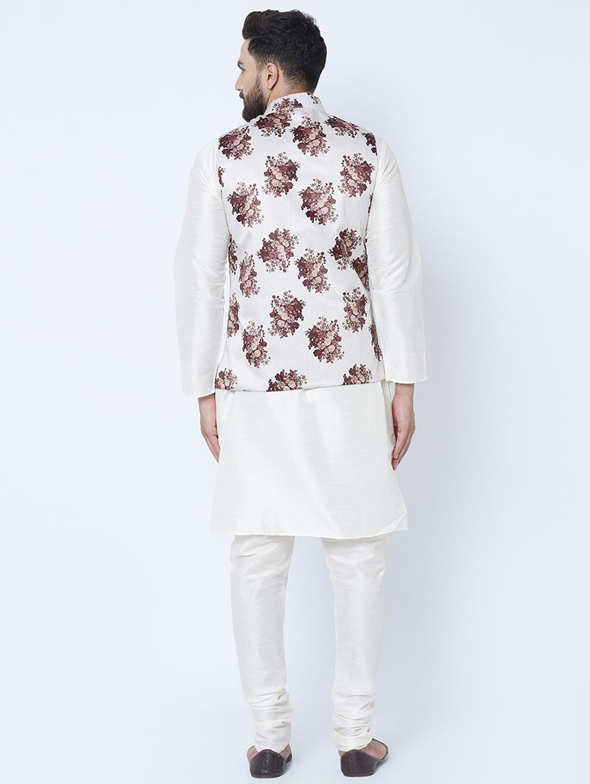 white silk blend solid kurta pyjama set with floral print nehru jacket - 16657937 - Zoom Image - 3