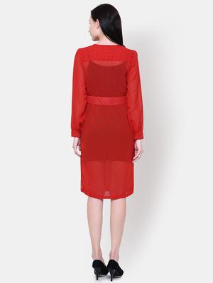 long sleeved overlap neck a-line dress - 16658134 - Standard Image - 3