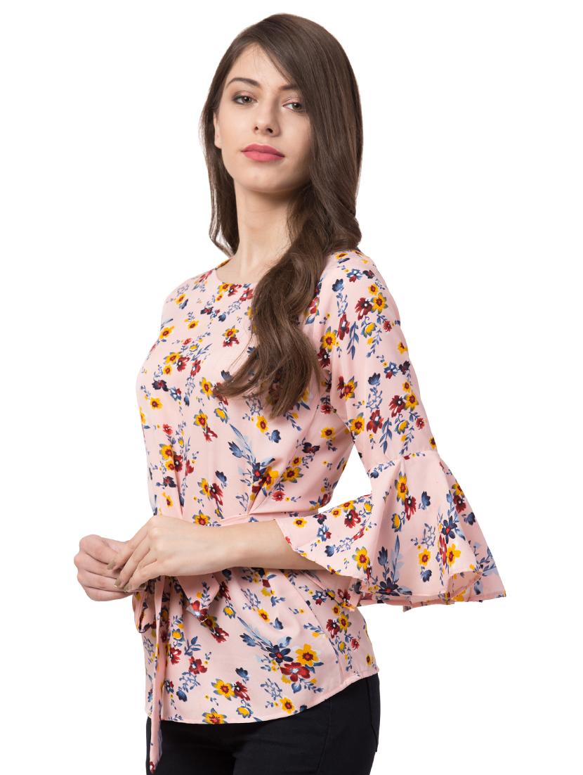 tie knot bell sleeved floral top - 16658223 - Zoom Image - 2
