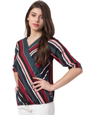 overlap neck striped blouson top - 16658260 - Standard Image - 2