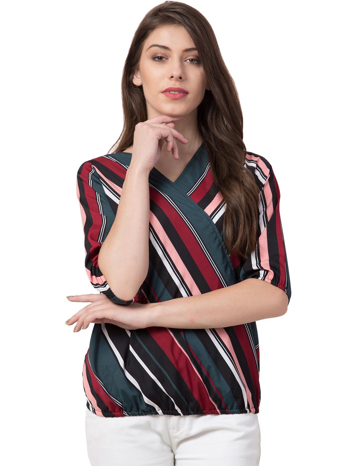 overlap neck striped blouson top - 16658260 - Zoom Image - 1