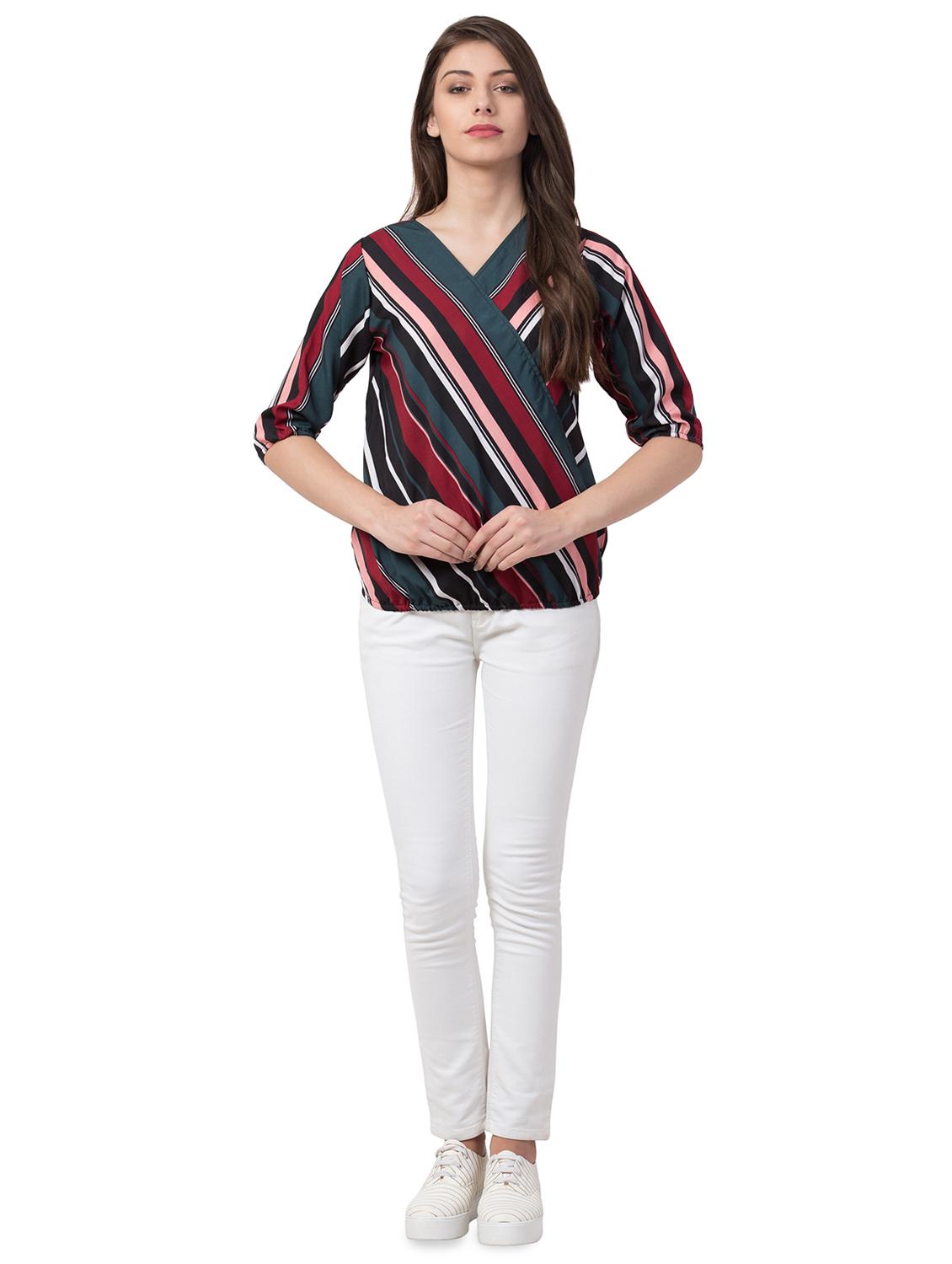 overlap neck striped blouson top - 16658260 - Zoom Image - 4