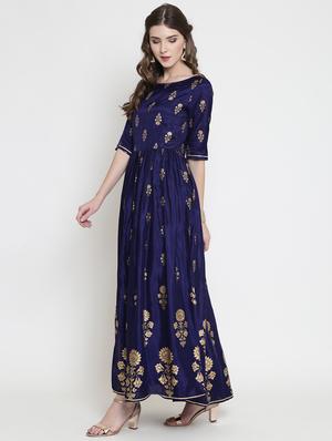 foil printed flared ethnic dress - 16659221 - Standard Image - 3