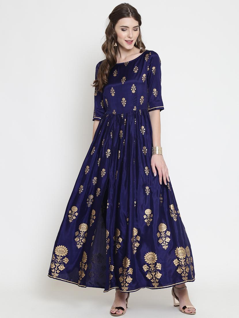 foil printed flared ethnic dress - 16659221 - Zoom Image - 2