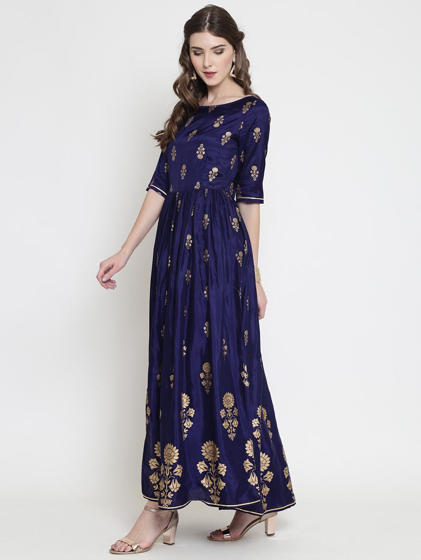 foil printed flared ethnic dress - 16659221 - Zoom Image - 3