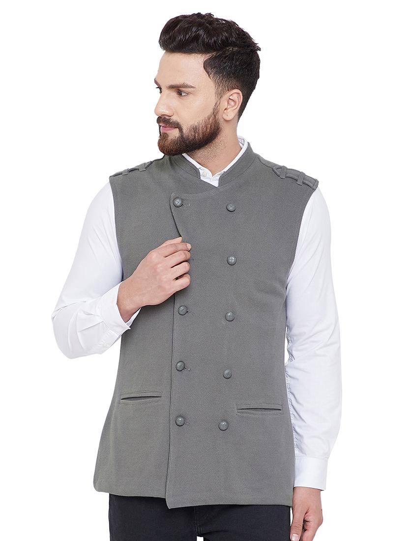 grey self design double breasted nehru jacket - 16659373 - Zoom Image - 1