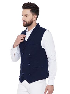 navy blue solid double breasted waist coat - 16659377 - Standard Image - 2