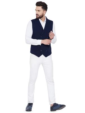 navy blue solid double breasted waist coat - 16659377 - Standard Image - 4
