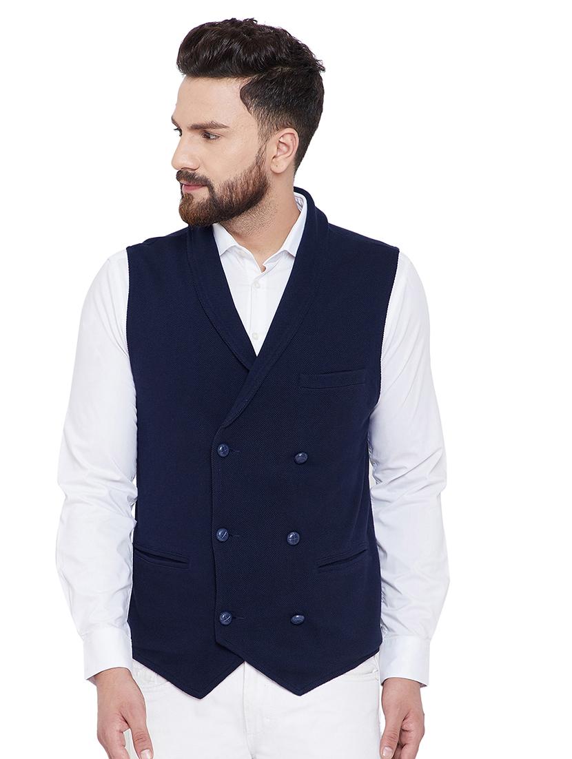 navy blue solid double breasted waist coat - 16659377 - Zoom Image - 1