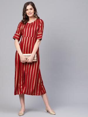 front slit round neck a-line dress - 16662306 - Standard Image - 4