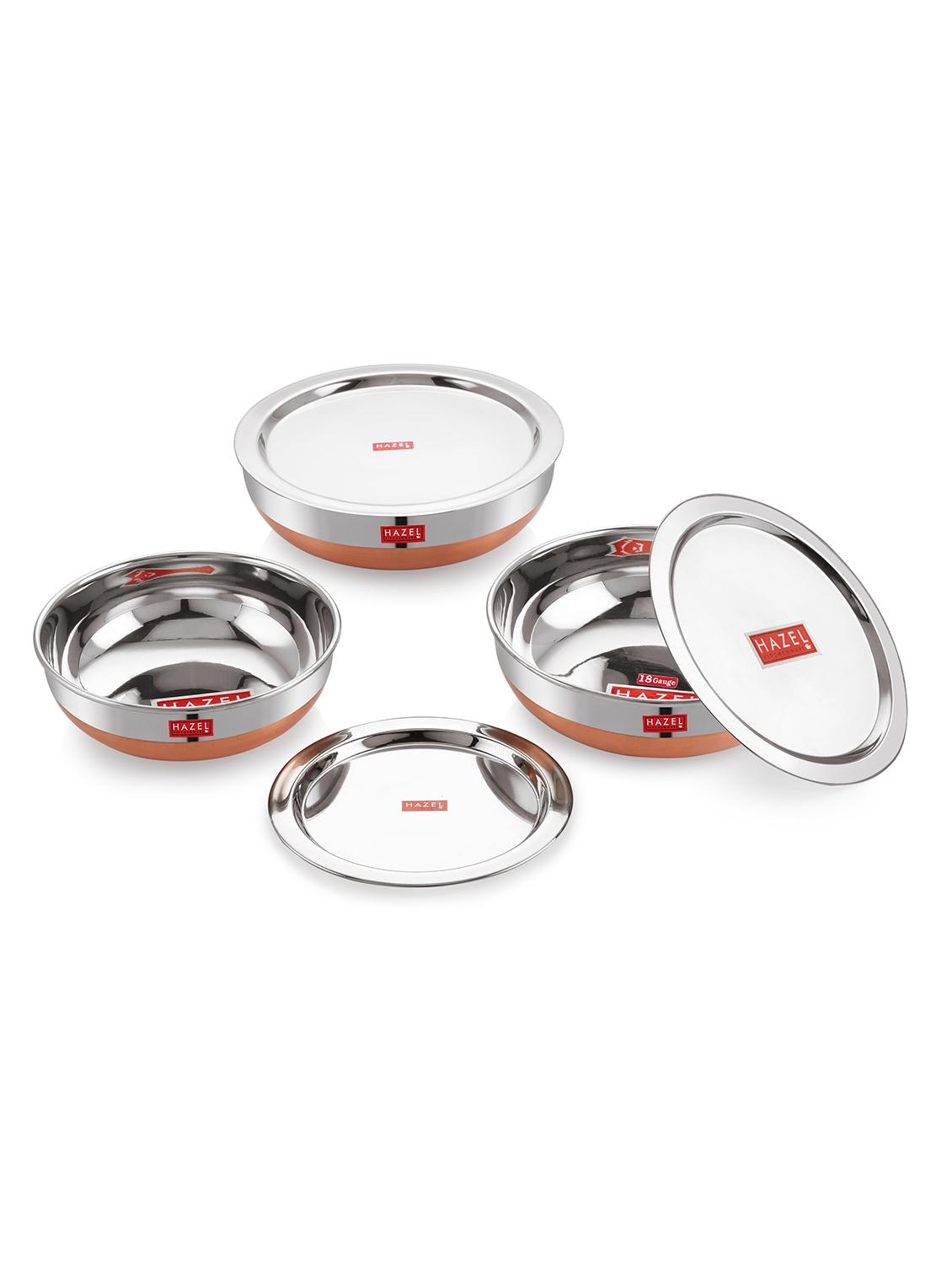 stainless steel tasra kadhai with copper bottom and lid (set of 3) - 16662421 - Zoom Image - 1