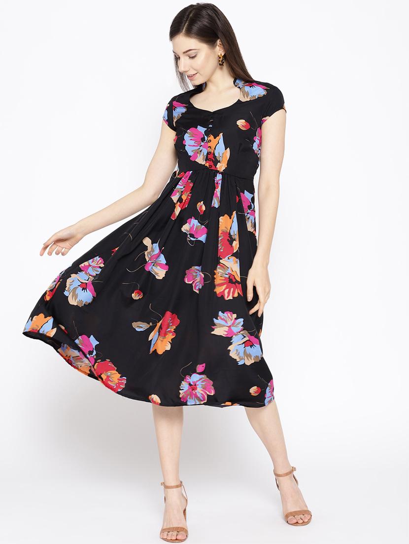 mandarin neck floral fit & flare dress - 16663620 - Zoom Image - 1
