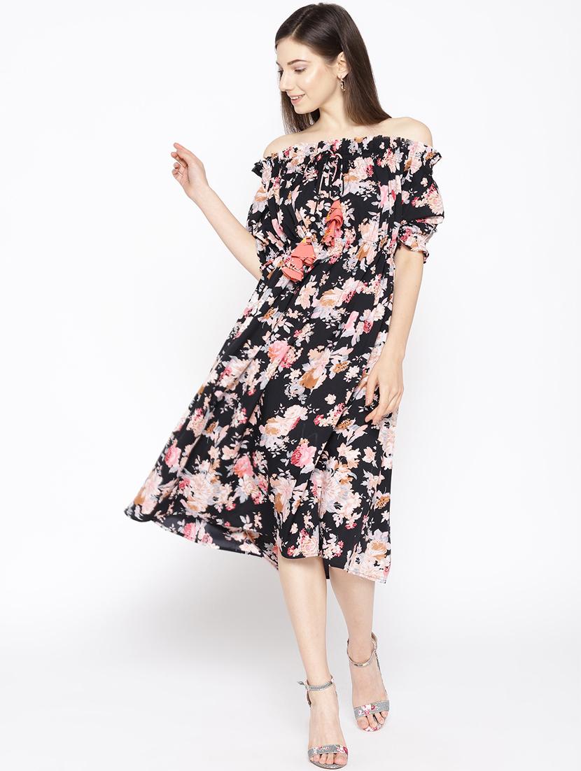 tie knot detail floral off shoulder dress - 16663628 - Zoom Image - 1