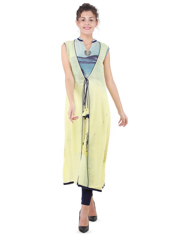 printed a-line kurta with jacket - 16666616 - Zoom Image - 1