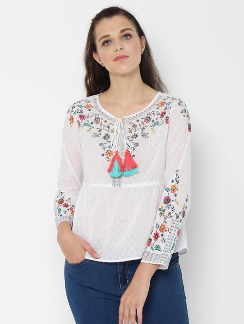 tassel tie up floral embroidered top - 16666729 - Standard Image - 1