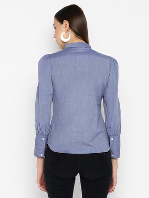 puff sleeved curved hem shirt - 16669219 - Standard Image - 3