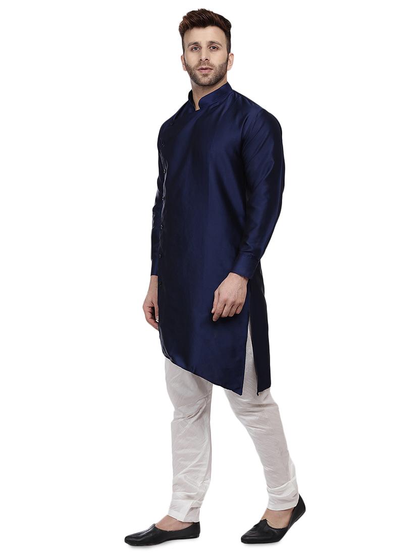 navy blue dupion solid asymmetric kurta - 16671765 - Zoom Image - 2