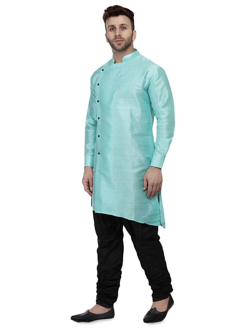 blue dupion solid asymmetric kurta - 16671769 - Zoom Image - 2