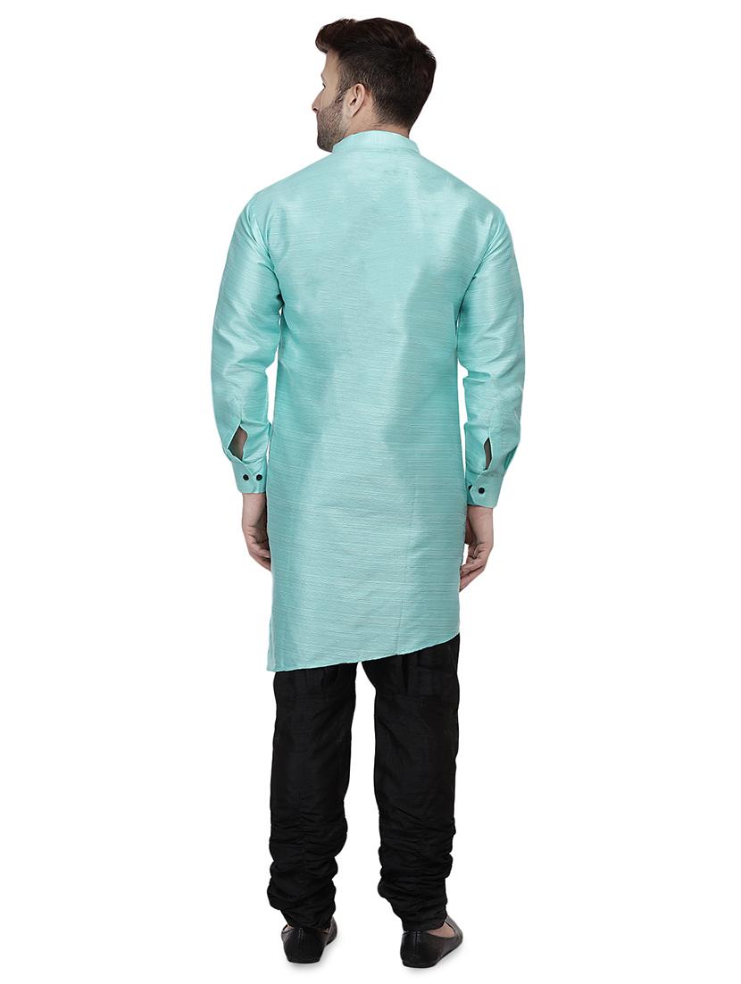 blue dupion solid asymmetric kurta - 16671769 - Zoom Image - 3