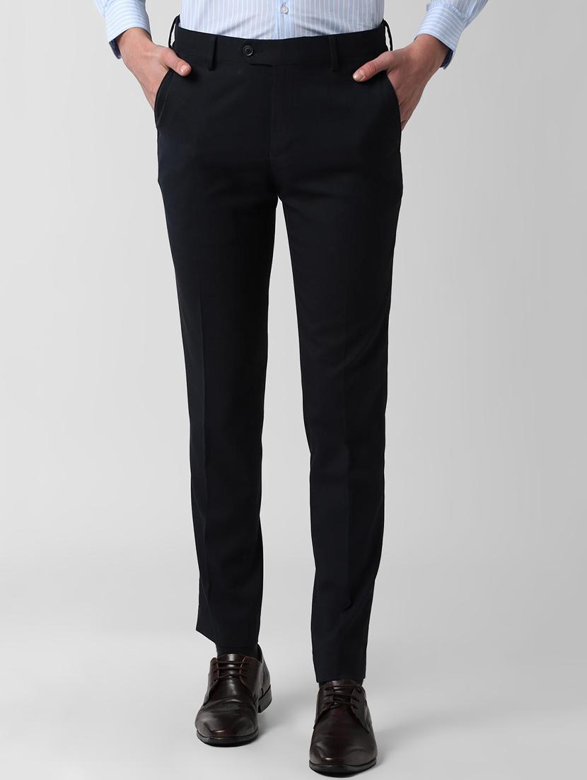 navy blue textured flat front formal trouser - 16672025 - Zoom Image - 1
