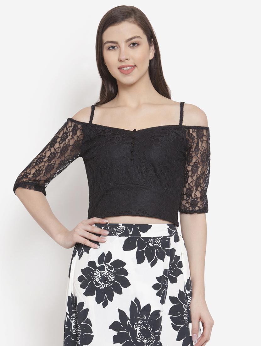 cold shoulder floral laced crop top - 16672500 - Zoom Image - 1