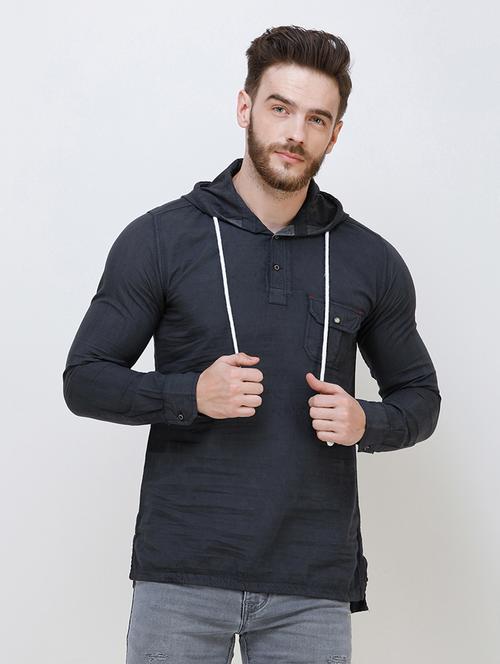 grey solid denim casual hooded shirt - 16672999 - Standard Image - 1