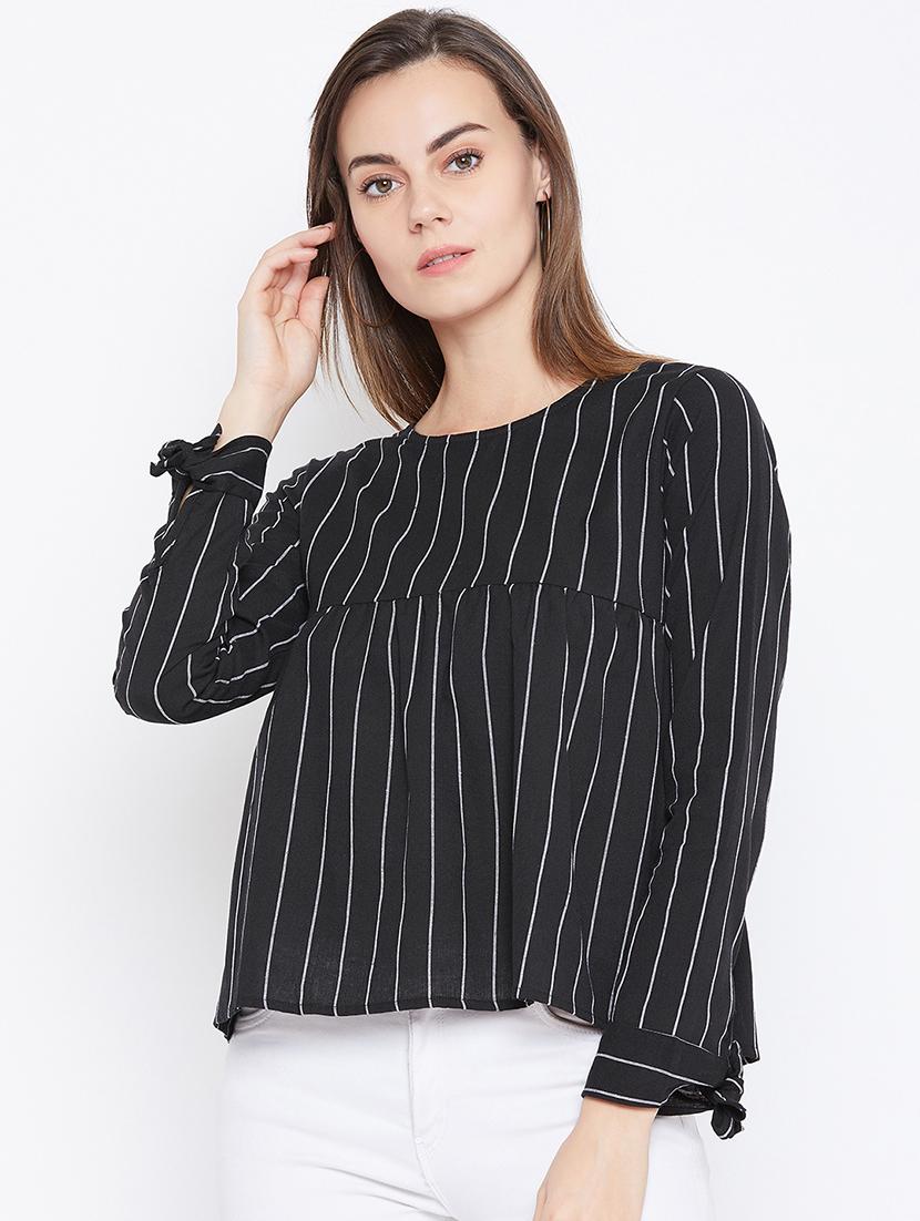side tie up sleeved striped top - 16673571 - Zoom Image - 1