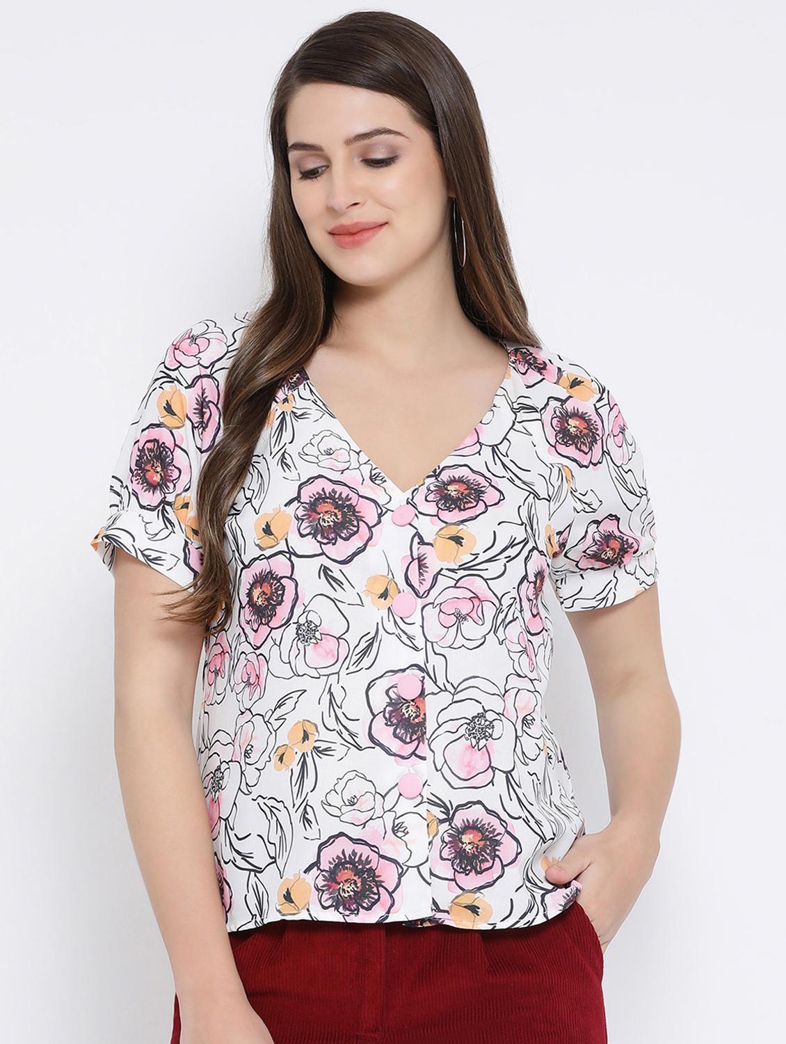 v neck button detail floral top - 16673788 - Zoom Image - 1