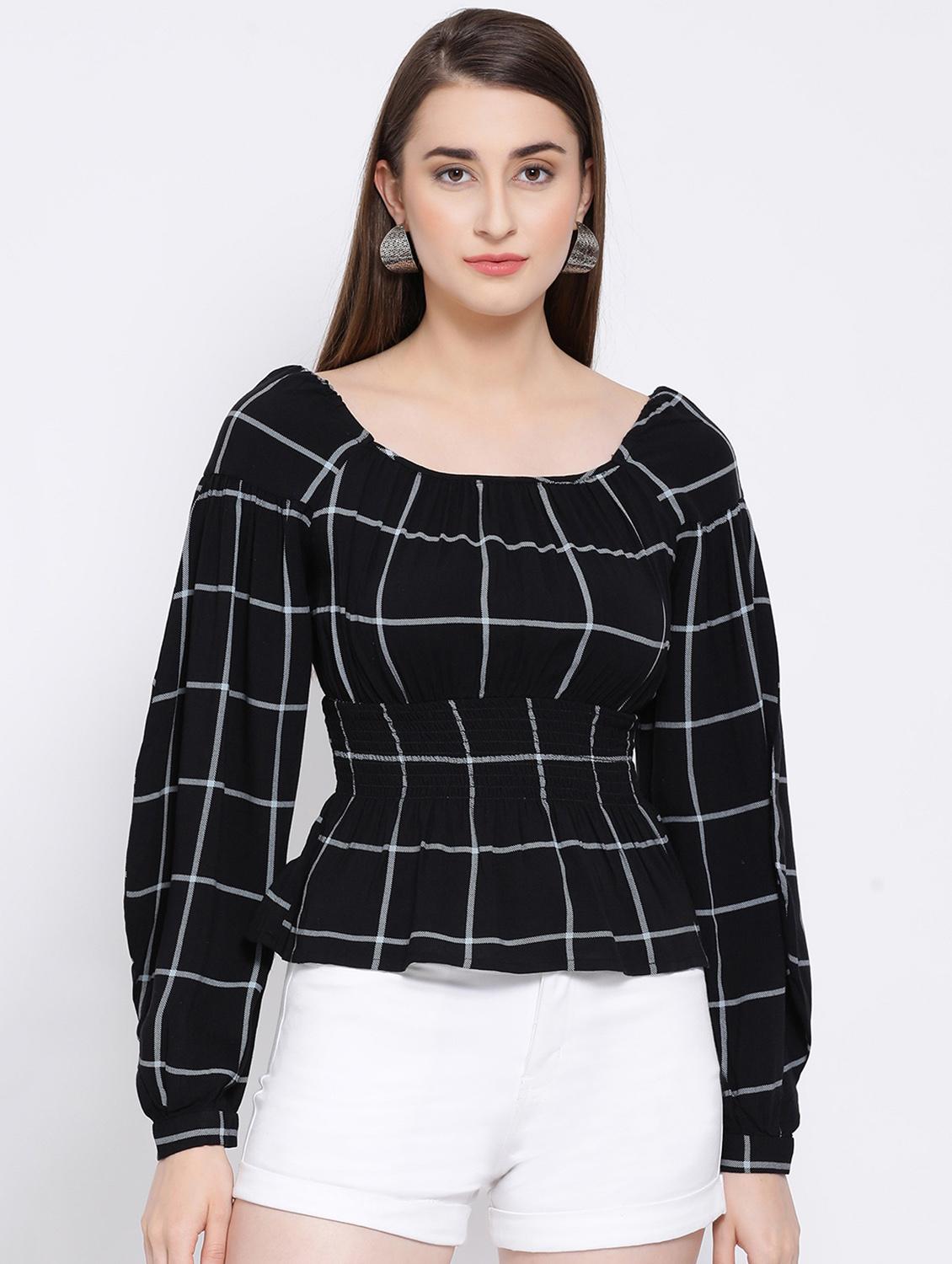round neck smock detail checkered top - 16673807 - Zoom Image - 1