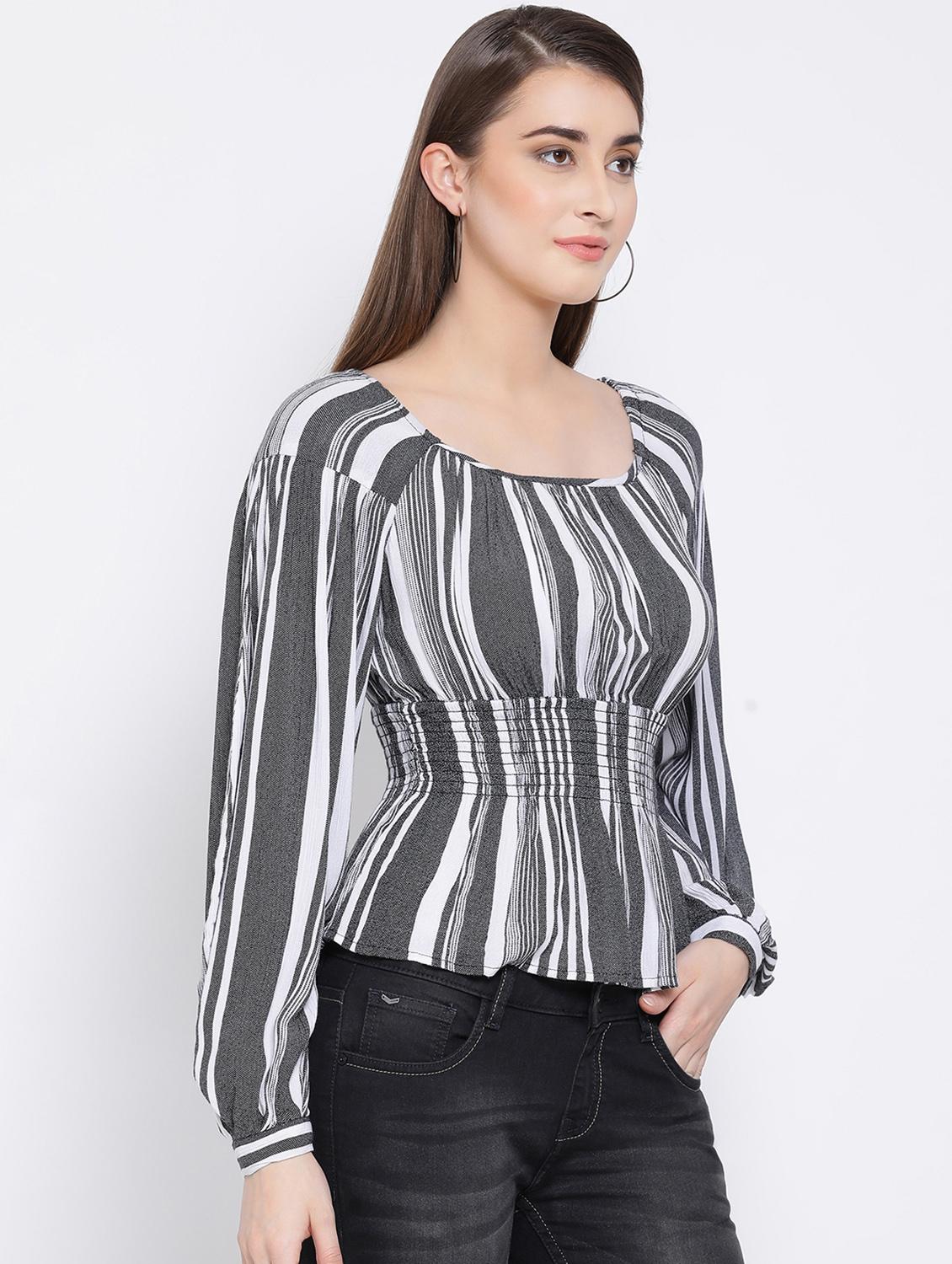 round neck smocked bishop sleeved top - 16673810 - Zoom Image - 2
