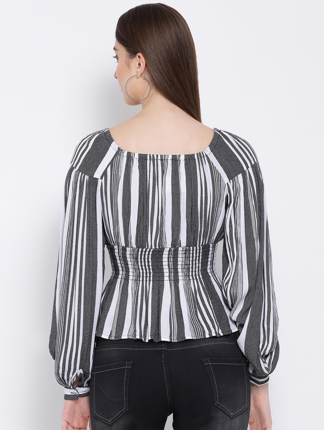 round neck smocked bishop sleeved top - 16673810 - Zoom Image - 3