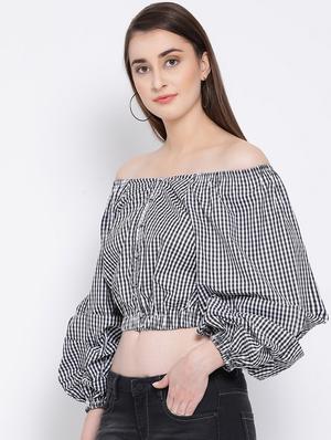 off shoulder gingham top - 16673814 - Standard Image - 2