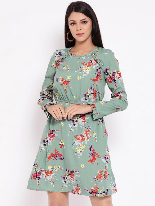round neck frill trim floral a-line dress - 16673859 - Standard Image - 1