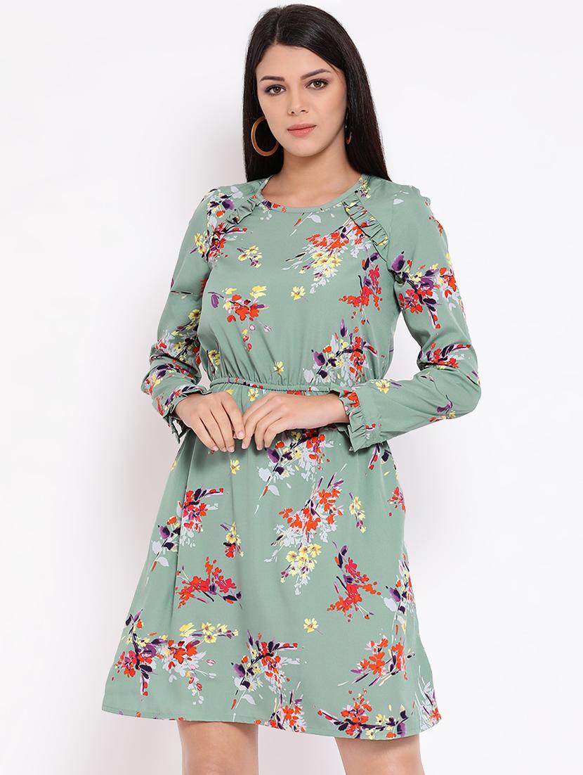 round neck frill trim floral a-line dress - 16673859 - Zoom Image - 1