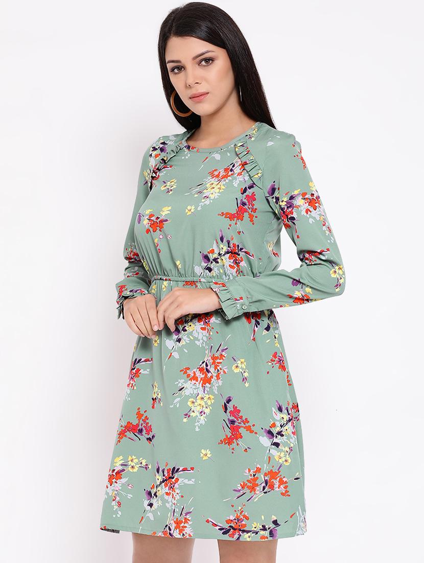 round neck frill trim floral a-line dress - 16673859 - Zoom Image - 2