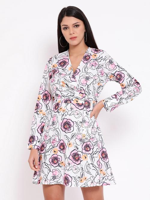 overlap neck floral a-line dress - 16673876 - Standard Image - 1