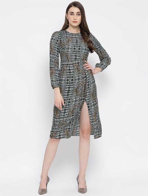 mock neck bishop sleeved high slit dress - 16673901 - Standard Image - 1