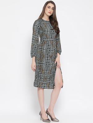 mock neck bishop sleeved high slit dress - 16673901 - Standard Image - 2