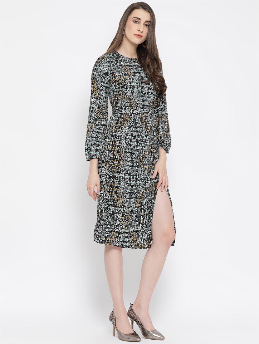 mock neck bishop sleeved high slit dress - 16673901 - Zoom Image - 2