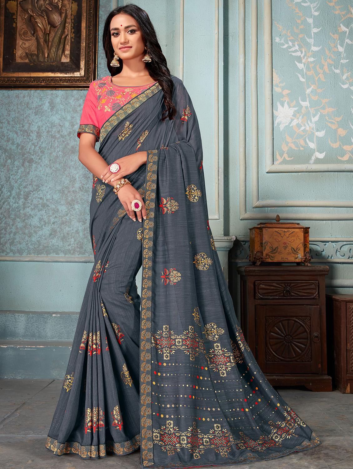 floral printed saree with blouse - 16674171 - Zoom Image - 1