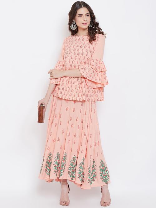floral block printed skirt with bell sleeves top set - 16674444 - Standard Image - 1