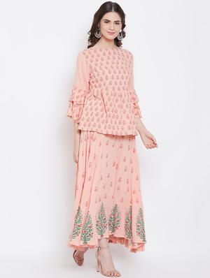 floral block printed skirt with bell sleeves top set - 16674444 - Standard Image - 2