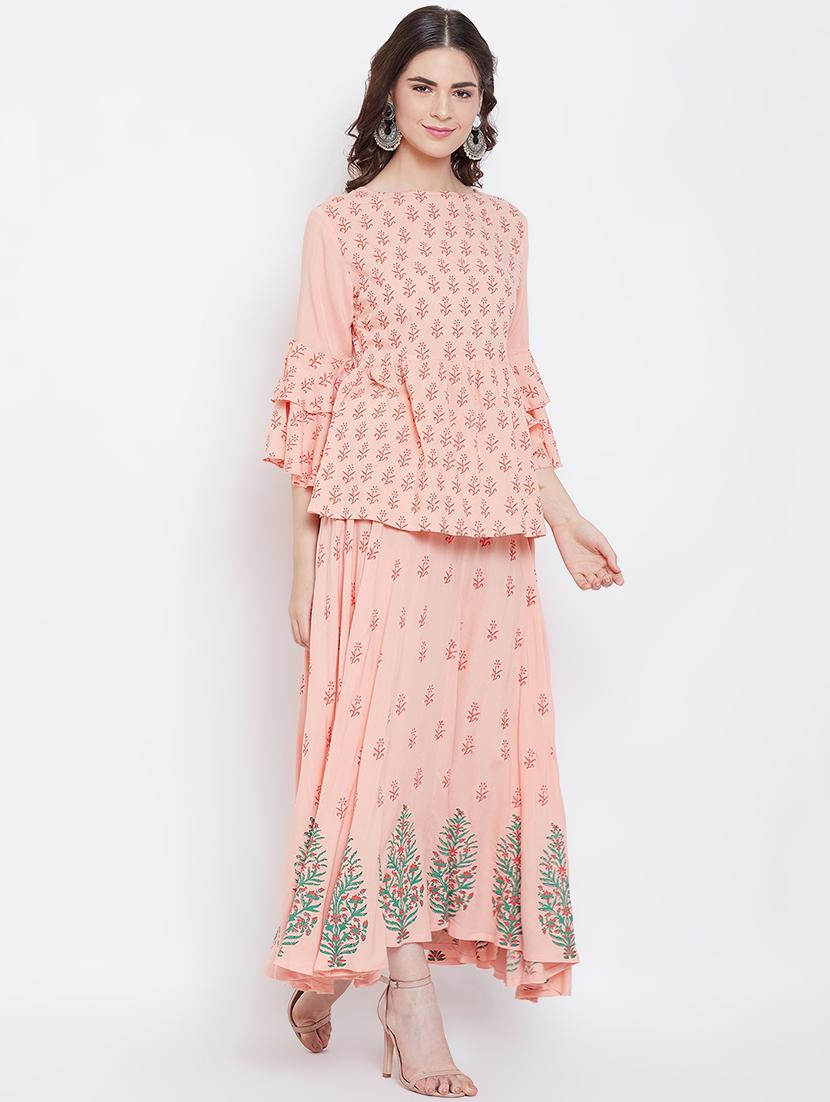 floral block printed skirt with bell sleeves top set - 16674444 - Zoom Image - 2