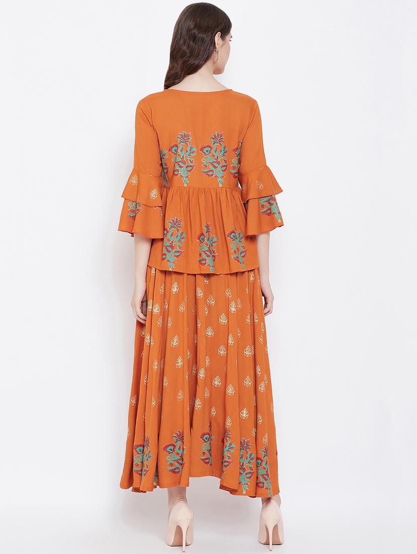 floral block printed skirt with bell sleeves top set - 16674447 - Zoom Image - 3