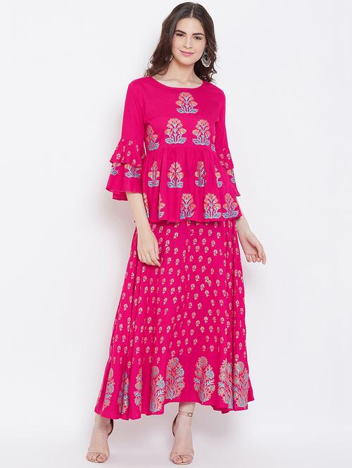 fuchsia block printed skirt with bell sleeves top set - 16674450 - Standard Image - 1