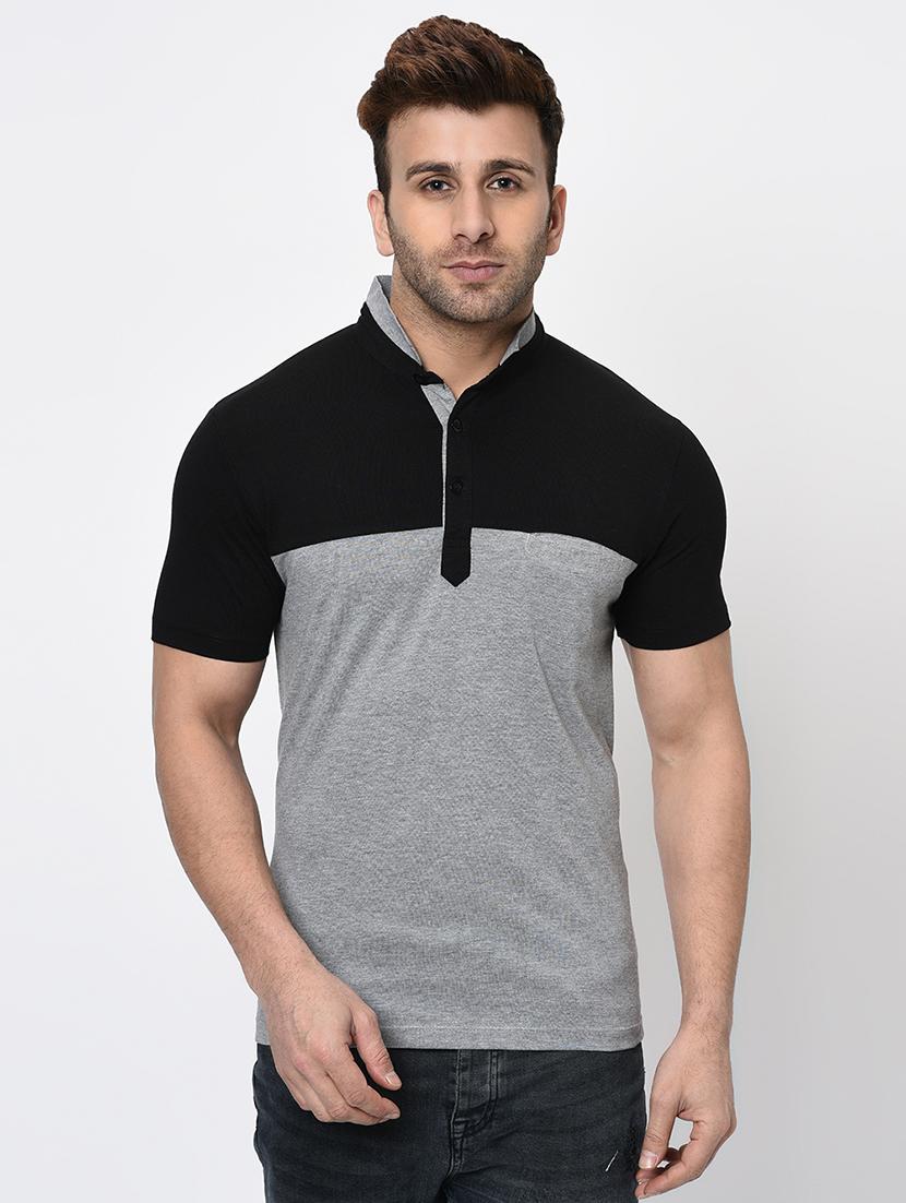 grey color block cut & sew collared t-shirt - 16674874 - Zoom Image - 1